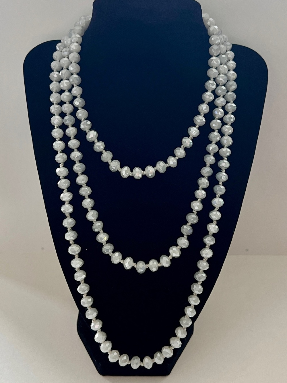 Faceted Glass Bead Silver Grey Iridescent Long Layered Multi-Strand Necklace